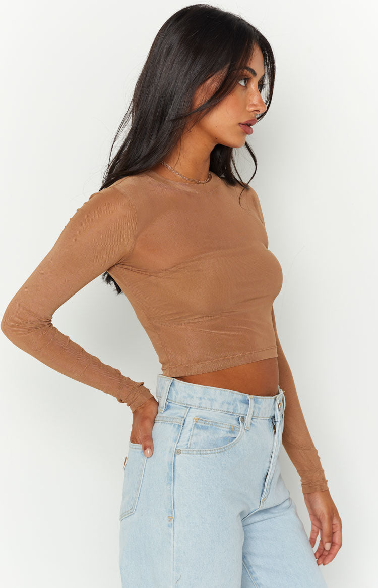 Evermore Beige Mesh Long Sleeve Top